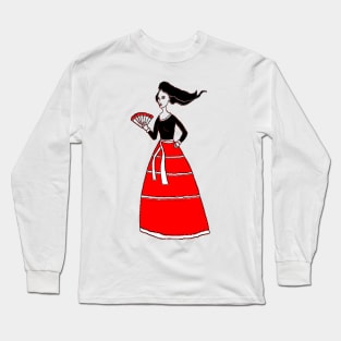 pretty woman in red with fan in her hand Long Sleeve T-Shirt